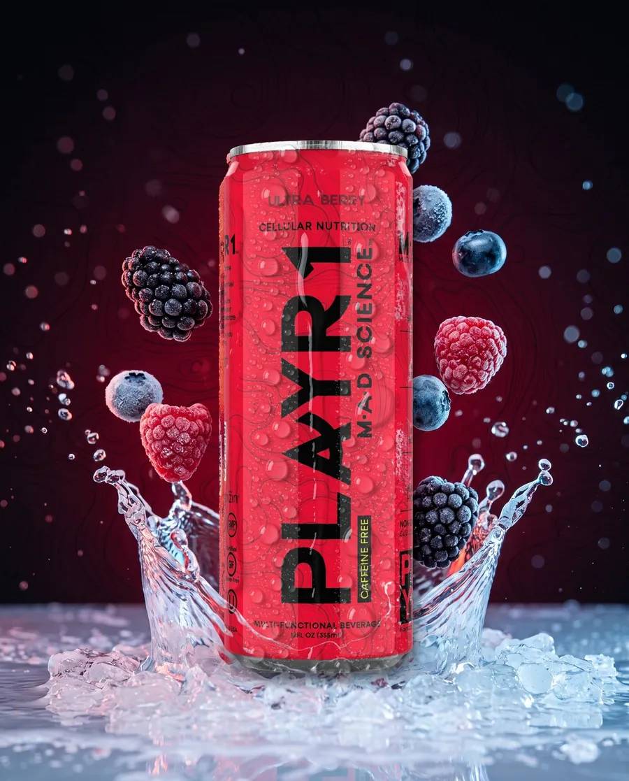 PLAYR1 Ultra Berry can hero with condensation and berry splash