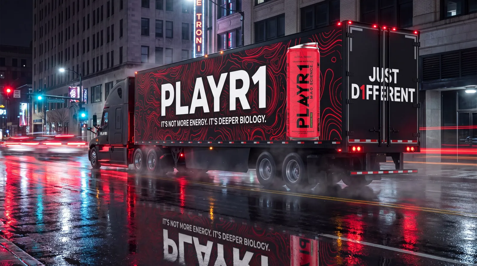 Matte black PLAYR1 truck in a night city