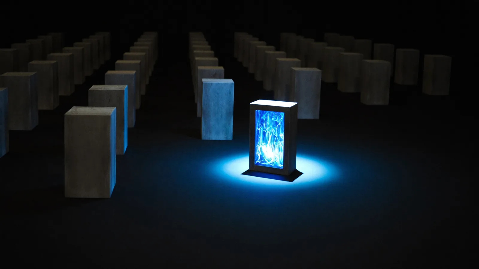 Dozens of identical dim grey slabs receding into darkness, with one single slab lit from within by brilliant blue fire