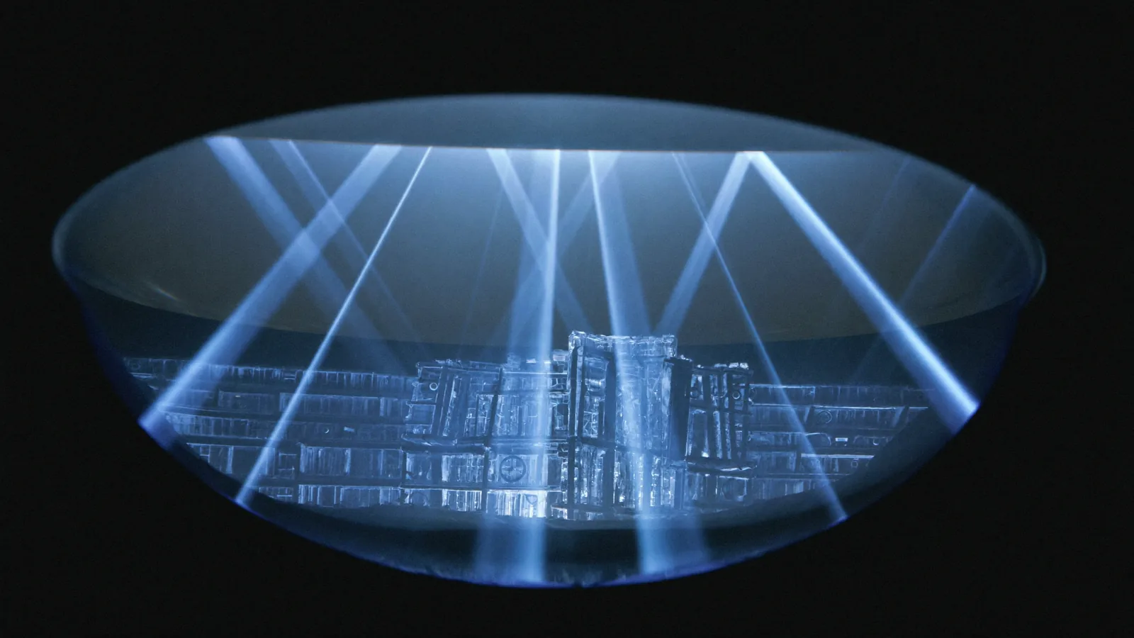 A vast lens of blue light hovering over a crystalline structure, fine beams scanning across its surface and revealing the architecture inside