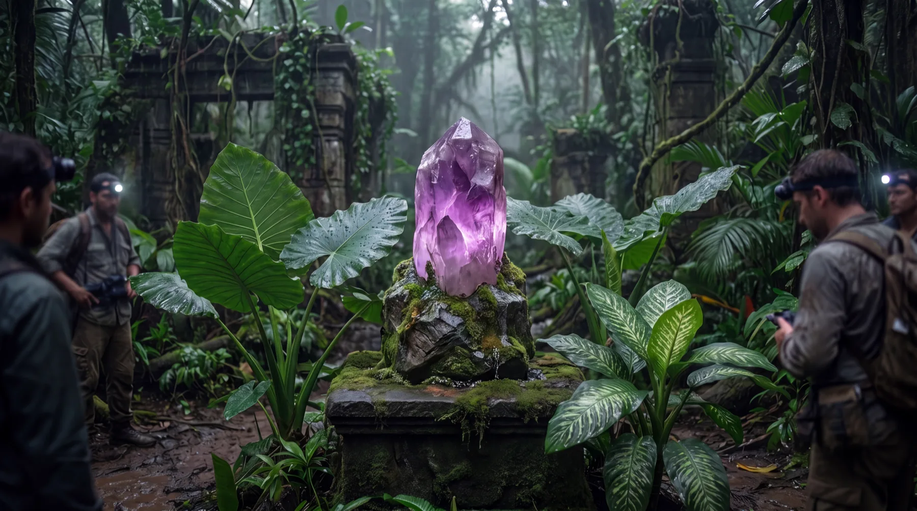 A glowing purple crystal on a mossy stone pedestal, deep in the jungle